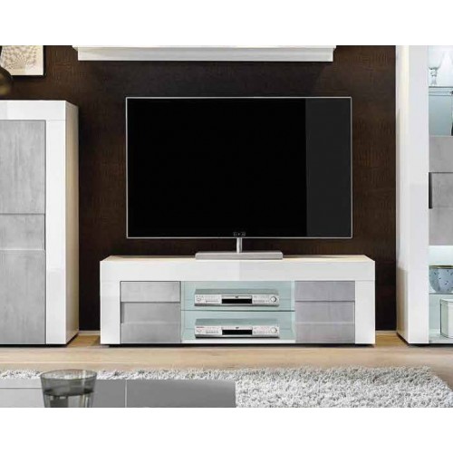 Mobile Basso Porta Tv 2 Ante Bianco Grigio Cemento Beton Madia Soggiorno Living