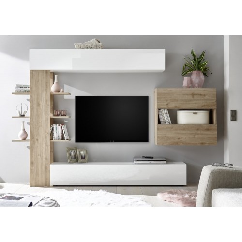 Mobile Porta Tv Parete Attrezzata Bianco Rovere Moderna Soggiorno Pensile Legno