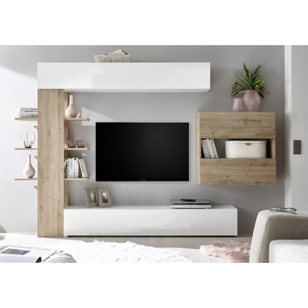 Mobile Porta Tv Parete Attrezzata Bianco Rovere Moderna Soggiorno Pensile Legno