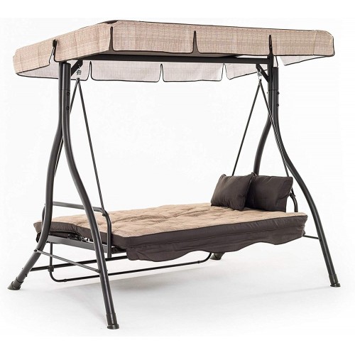 Dondolo 3 tre Posti Beige Reclinabile Letto in Ferro con Tetto Copertura Cuscini