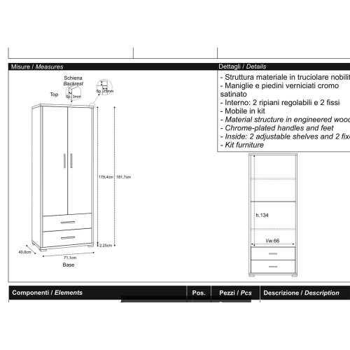 Armadio 2 Ante con Cassetti Ossido Ripiani Ufficio Documenti Mobile Camera Letto