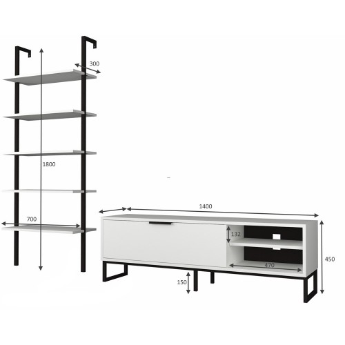 Mobile Basso Porta TV 140 Bianco Anta Ripiani Libreria Parete in Legno Moderno