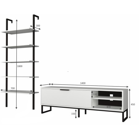 Mobile Basso Porta TV 140 Bianco Anta Ripiani Libreria Parete in Legno Moderno