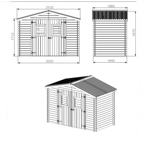 Casetta 3x1.85 in Legno 20 mm Block House da Giardino Porta Attrezzi Rimessa