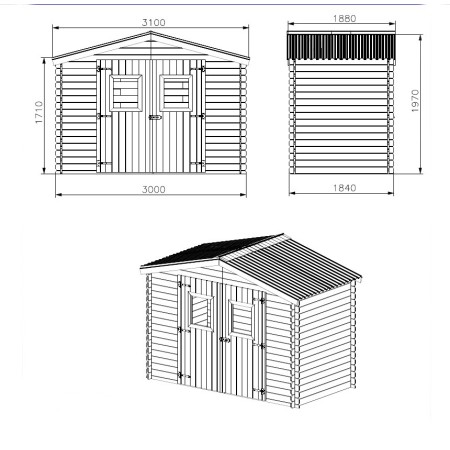 Casetta 3x1.85 in Legno 20 mm Block House da Giardino Porta Attrezzi Rimessa