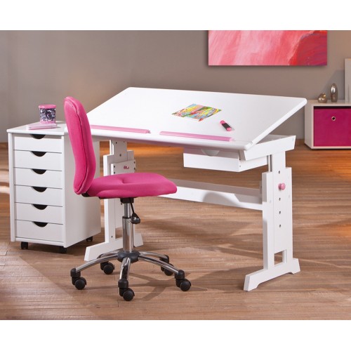 Kit Scrivania Bianca Tavolo Rosa Blu Inclinabile Legno Pino Cameretta Bambino