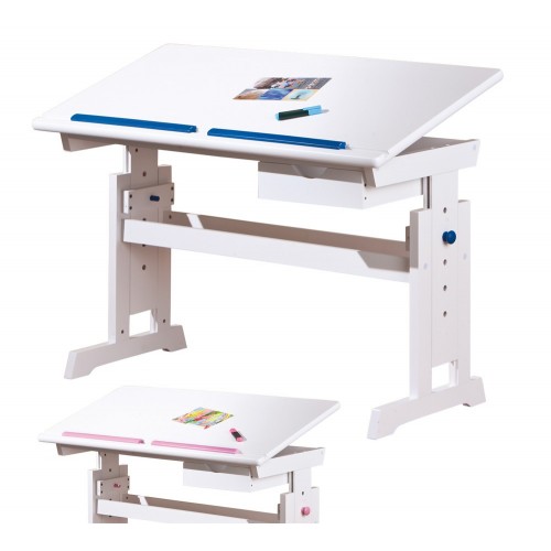 Kit Scrivania Bianca Tavolo Rosa Blu Inclinabile Legno Pino Cameretta Bambino