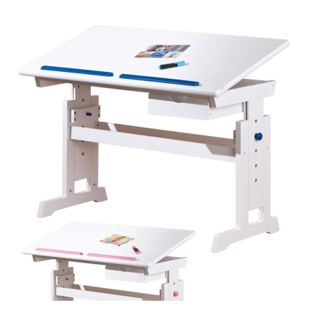 Kit Scrivania Bianca Tavolo Rosa Blu Inclinabile Legno Pino Cameretta Bambino