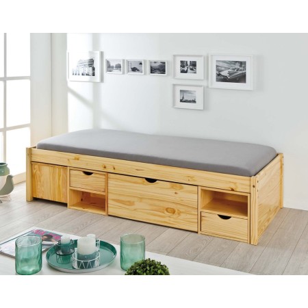 Letto Singolo a Doghe 90x200 Legno Pino con Cassetti Comodino Camera Cassettone