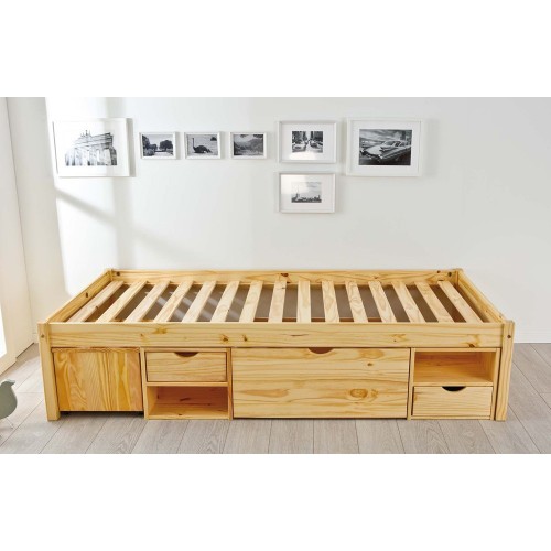 Letto Singolo a Doghe 90x200 Legno Pino con Cassetti Comodino Camera Cassettone