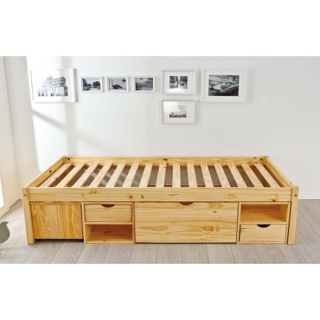 Letto Singolo a Doghe 90x200 Legno Pino con Cassetti Comodino Camera Cassettone