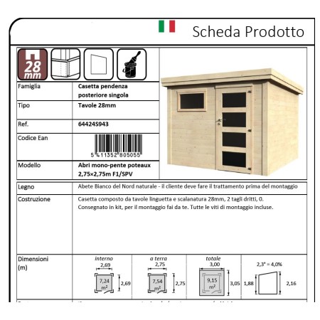 Casa 275x275 in Legno 28 mm da Giardino Rimessa per Attrezzi Casetta Depandance