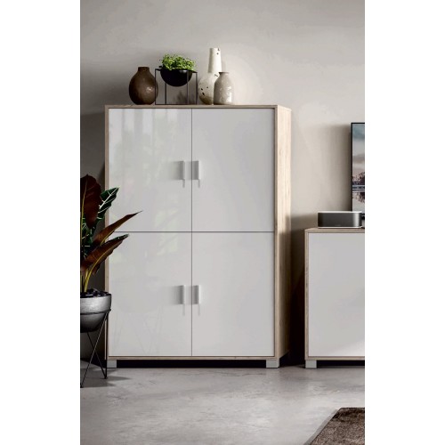 Mobile Credenza 4 Ante Olmo Bianco Lucido Buffet Moderna Dispensa Sala Soggiorno