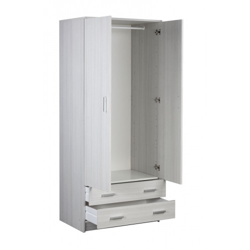 Armadio Bianco 180 h 2 Ante con 2 Cassetti Appendiabiti Mobile Camera da Letto