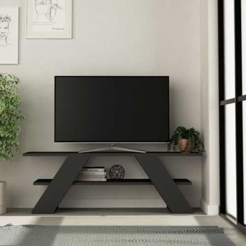 Mobile da Salotto Porta TV Basso in Legno Antracite con Ripiani Salvaspazio Sala
