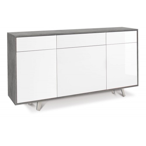 Mobile Madia 3 Ante 3 Cassetti Bianco Lucido Grigio da Soggiorno Credenza Slim