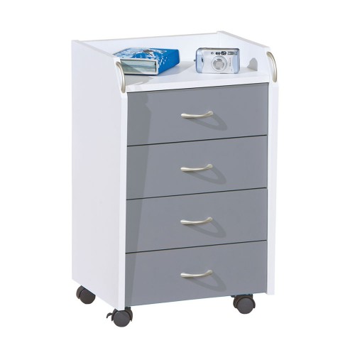 Cassettiera 4 Cassetti Bianco Grigio Ruote Scrivania Comodino Ufficio Cameretta