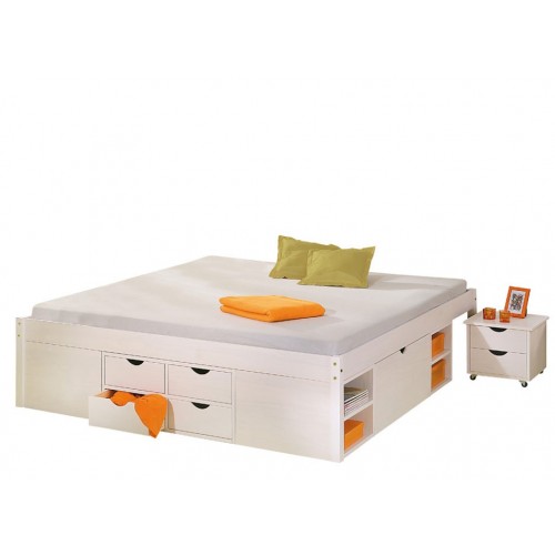 Letto Matrimoniale 180x200 King Size Bianco Rete a Doghe con Cassetti In Legno