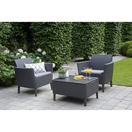 Salottino Keter Mobile da Giardino Effetto Rattan Tavolino Grafite con Cuscini