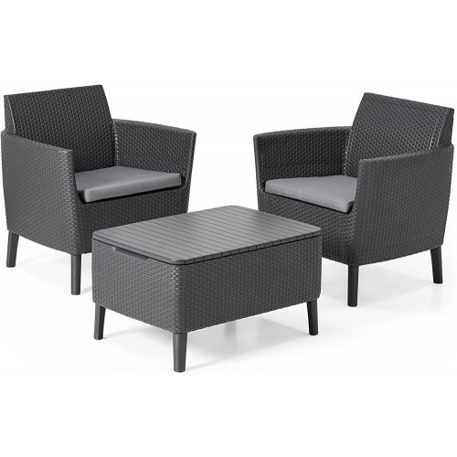 Salottino Keter Mobile da Giardino Effetto Rattan Tavolino Grafite con Cuscini