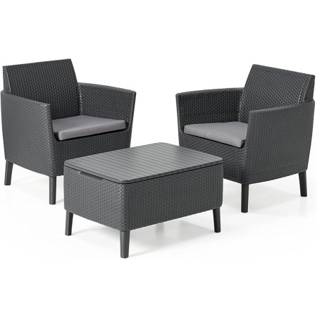 Salottino Keter Mobile da Giardino Effetto Rattan Tavolino Grafite con Cuscini