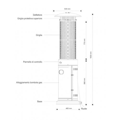 Stufa a Fungo 11Kw da Esterno con Vetro Gas GPL Patio Terrazzo con Ruote Bombola