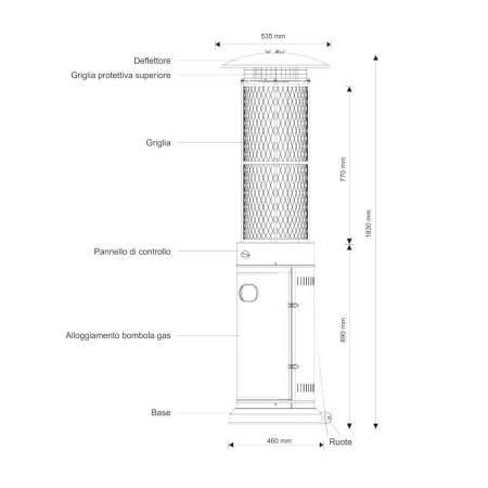 Stufa a Fungo 11Kw da Esterno con Vetro Gas GPL Patio Terrazzo con Ruote Bombola