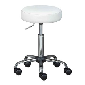 Sgabello Basso con Ruote a Rotelle Bianco Ecopelle in Metallo Imbottito Cucina