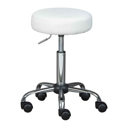 Sgabello Basso con Ruote a Rotelle Bianco Ecopelle in Metallo Imbottito Cucina