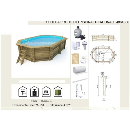Piscina Fuoriterra in Legno 486x336 Ottagonale con Filtro Liner Skimmer Scaletta
