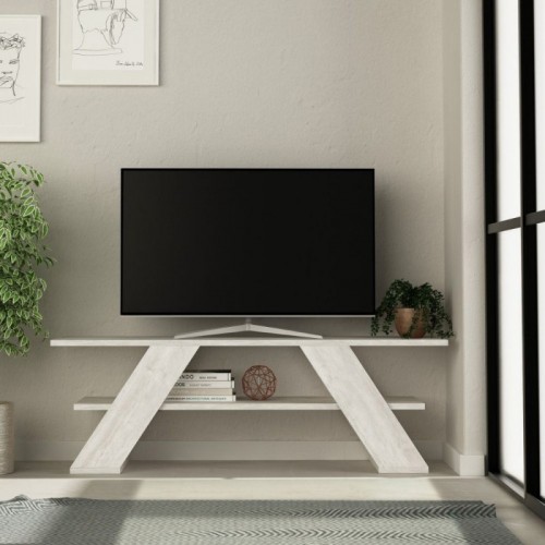 Porta TV da Salotto Mobile Basso in Legno con Ripiani Bianco Vintage Salvaspazio