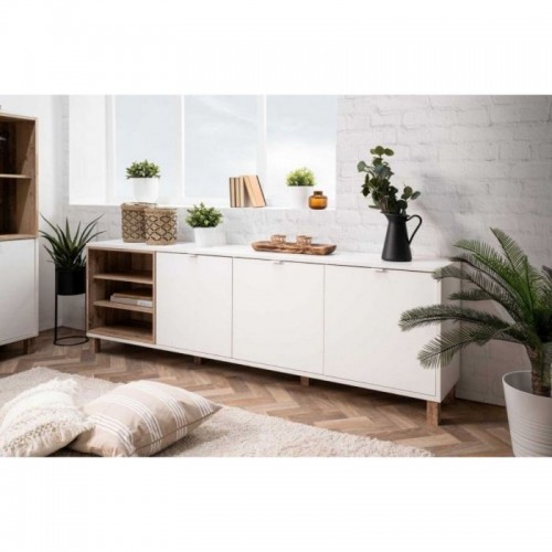 Mobile Credenza 200 cm 3 Ante in Legno Bianco e rovere Naturale Madia Soggiorno