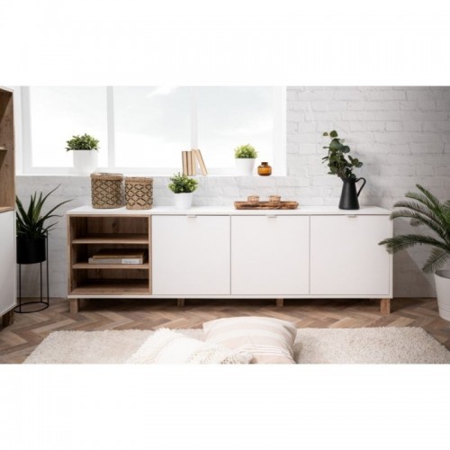Mobile Credenza 200 cm 3 Ante in Legno Bianco e rovere Naturale Madia Soggiorno