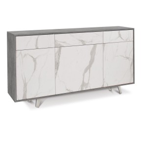 Mobile Madia 3 Ante 3 Cassetti Grigio Effetto Marmo da Soggiorno Credenza Slim