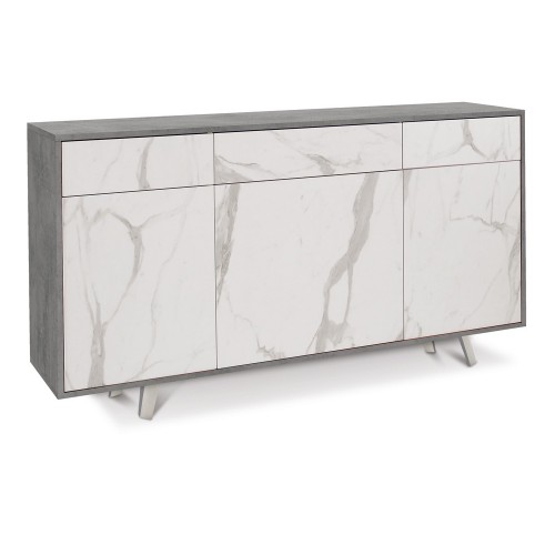 Mobile Madia 3 Ante 3 Cassetti Grigio Effetto Marmo da Soggiorno Credenza Slim