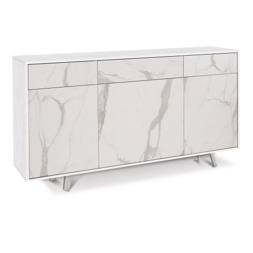 Mobile Madia 3 Ante 3 Cassetti Ossido Bianco Effetto Marmo Credenza da Soggiorno