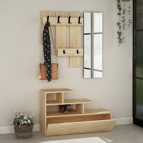 Mobiletto Moderno Rovere da Ingresso Attaccapanni con Specchio Appendiabiti