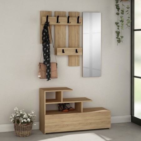 Mobiletto Moderno Rovere da Ingresso Attaccapanni con Specchio Appendiabiti
