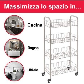 Carrellino Acciaio Bagno Cucina di Servizio Porta Oggetti Frutta Ruote 4 Ripiani 2