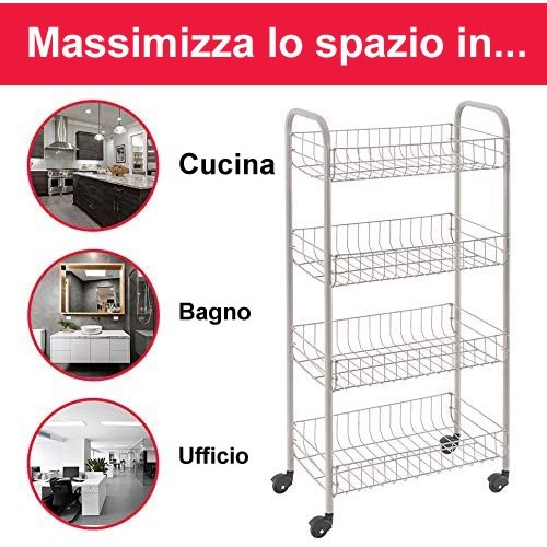 Carrellino Acciaio Bagno Cucina di Servizio Porta Oggetti Frutta Ruote 4 Ripiani