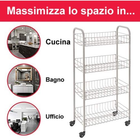Carrellino Acciaio Bagno Cucina di Servizio Porta Oggetti Frutta Ruote 4 Ripiani