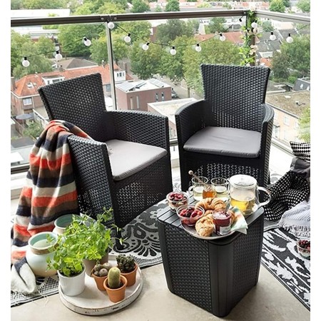 Salottino Grafite 2 Poltrone Tavolino Contenitore in Resina Balcone con Cuscini