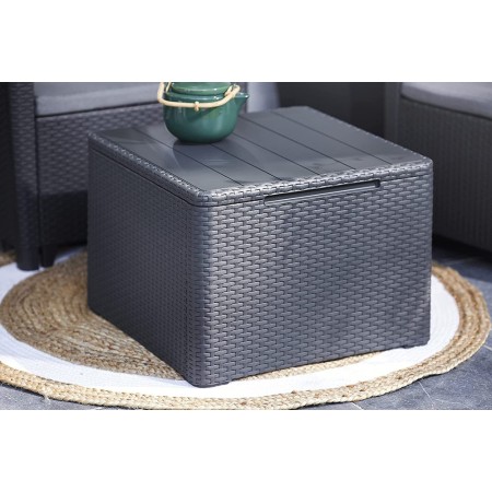Salottino 2 Poltrone Tavolino Contenitore Pouf Grafite Effetto Legno con Cuscini