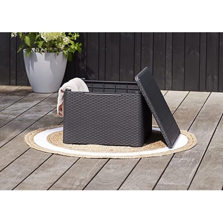 Salottino 2 Poltrone Tavolino Contenitore Pouf Grafite Effetto Legno con Cuscini