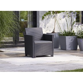 Salottino 2 Poltrone Tavolino Contenitore Pouf Grafite Effetto Legno con Cuscini 2
