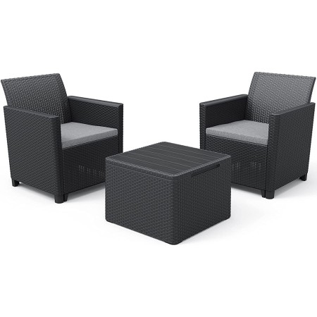 Salottino 2 Poltrone Tavolino Contenitore Pouf Grafite Effetto Legno con Cuscini
