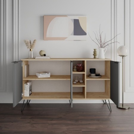 Credenza 3 Ante Antracite e Rovere Mobile Piattaia con Ripiani Soggiorno Sala