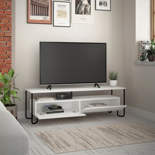 Porta TV in Legno Basso Bianco con Due Ante a Ribalta Piedi in Metallo Mobile