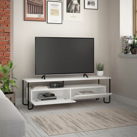 Porta TV in Legno Basso Bianco con Due Ante a Ribalta Piedi in Metallo Mobile