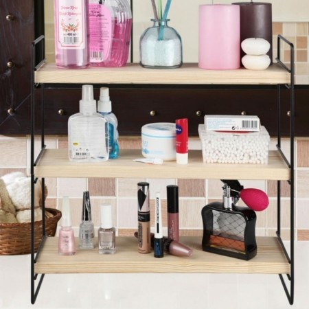 Mobile Scaffale per Trucchi da Bagno Multiuso in Metallo Nero Legno Salvaspazio